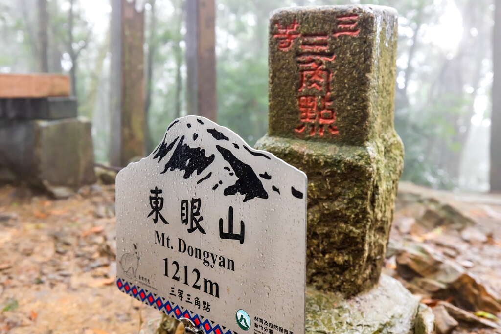 Mt. Dongyan summit marker and triangulation point in a misty forest
